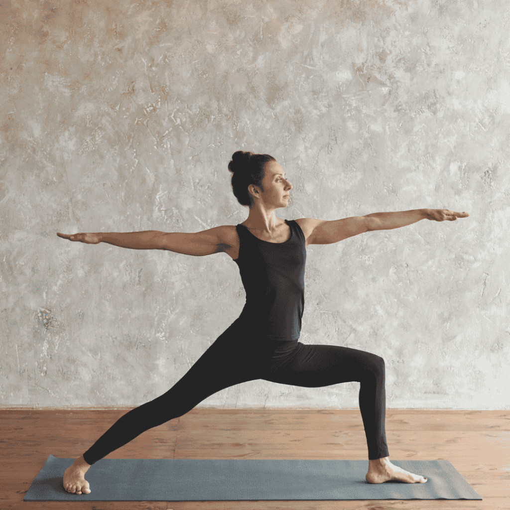 Warrior 2 uses leg and core strength and encourages balance and focus.